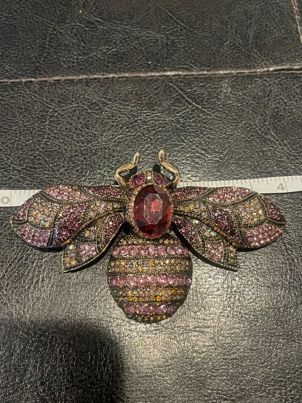 Huge Bee Brooch Pink & Gold Crystals with Antique Gold Base